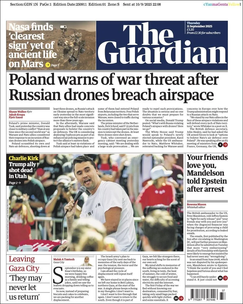 Portada de The Guardian (reino Unido) del miércoles, 10 de septiembre de 2025