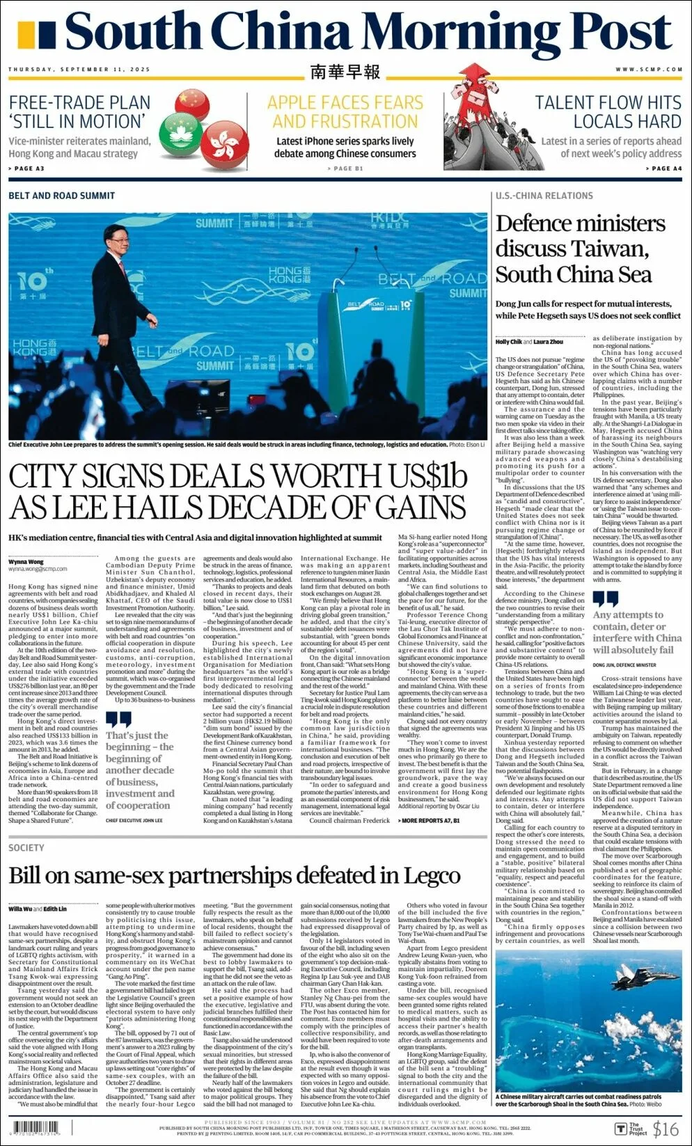 Portada de South China Morning Post del jueves, 11 de septiembre de 2025