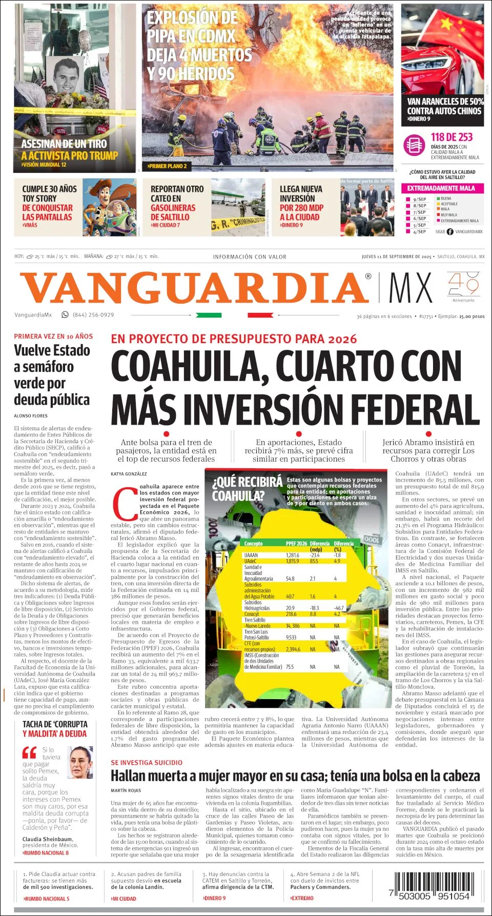 Portada de Vanguardia del jueves, 11 de septiembre de 2025