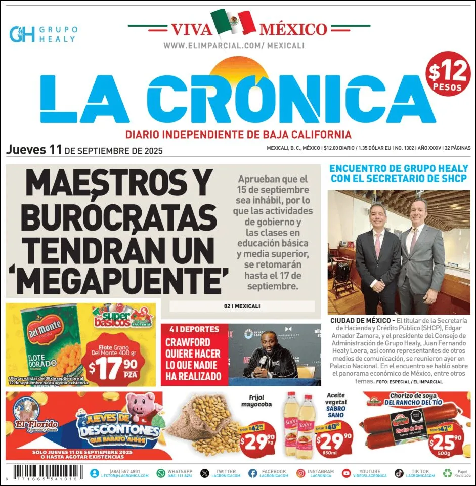 Portada de La Cronica del jueves, 11 de septiembre de 2025