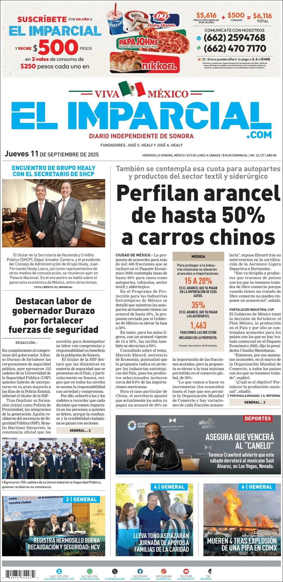 Portada de El Imparcial del jueves, 11 de septiembre de 2025