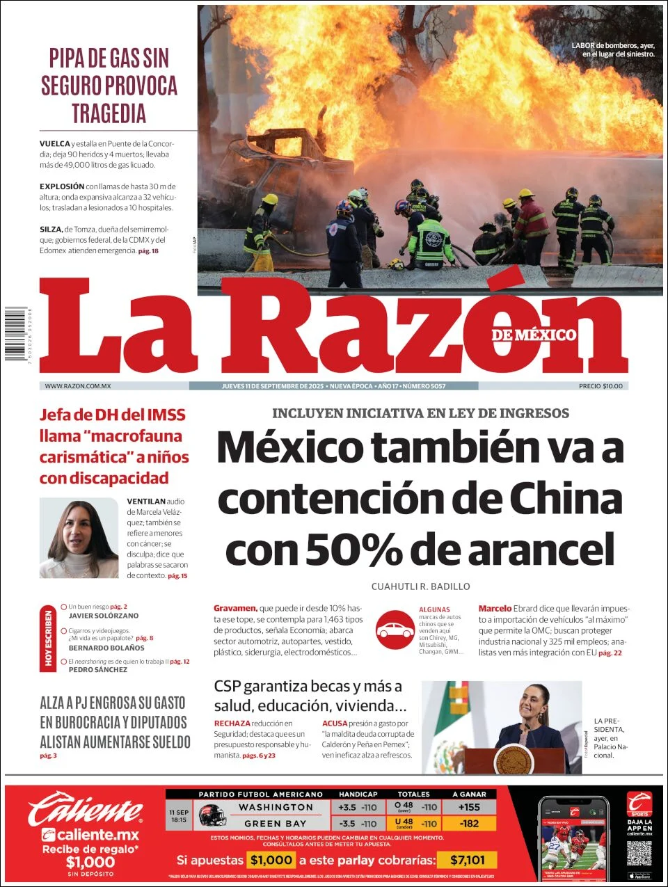 Portada de La Razon del jueves, 11 de septiembre de 2025