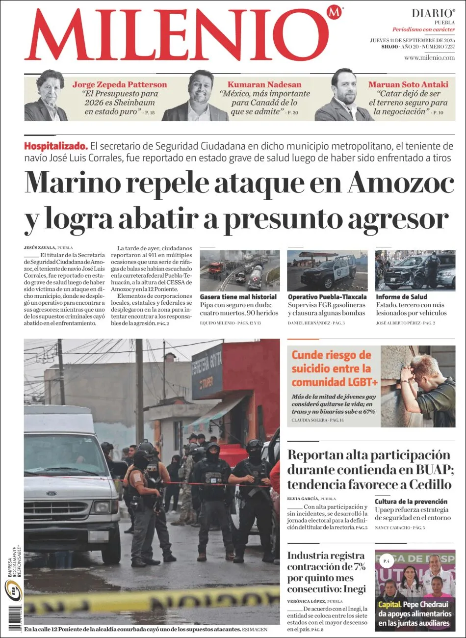 Portada de Milenio Puebla del jueves, 11 de septiembre de 2025