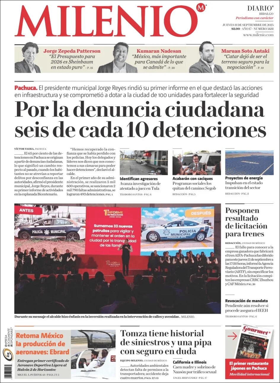Portada de Milenio Hidalgo del jueves, 11 de septiembre de 2025