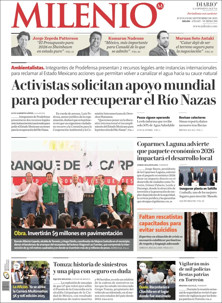 Portada de Milenio Laguna del jueves, 11 de septiembre de 2025