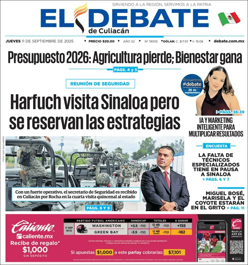 Portada de El Debate de Culiacan del jueves, 11 de septiembre de 2025