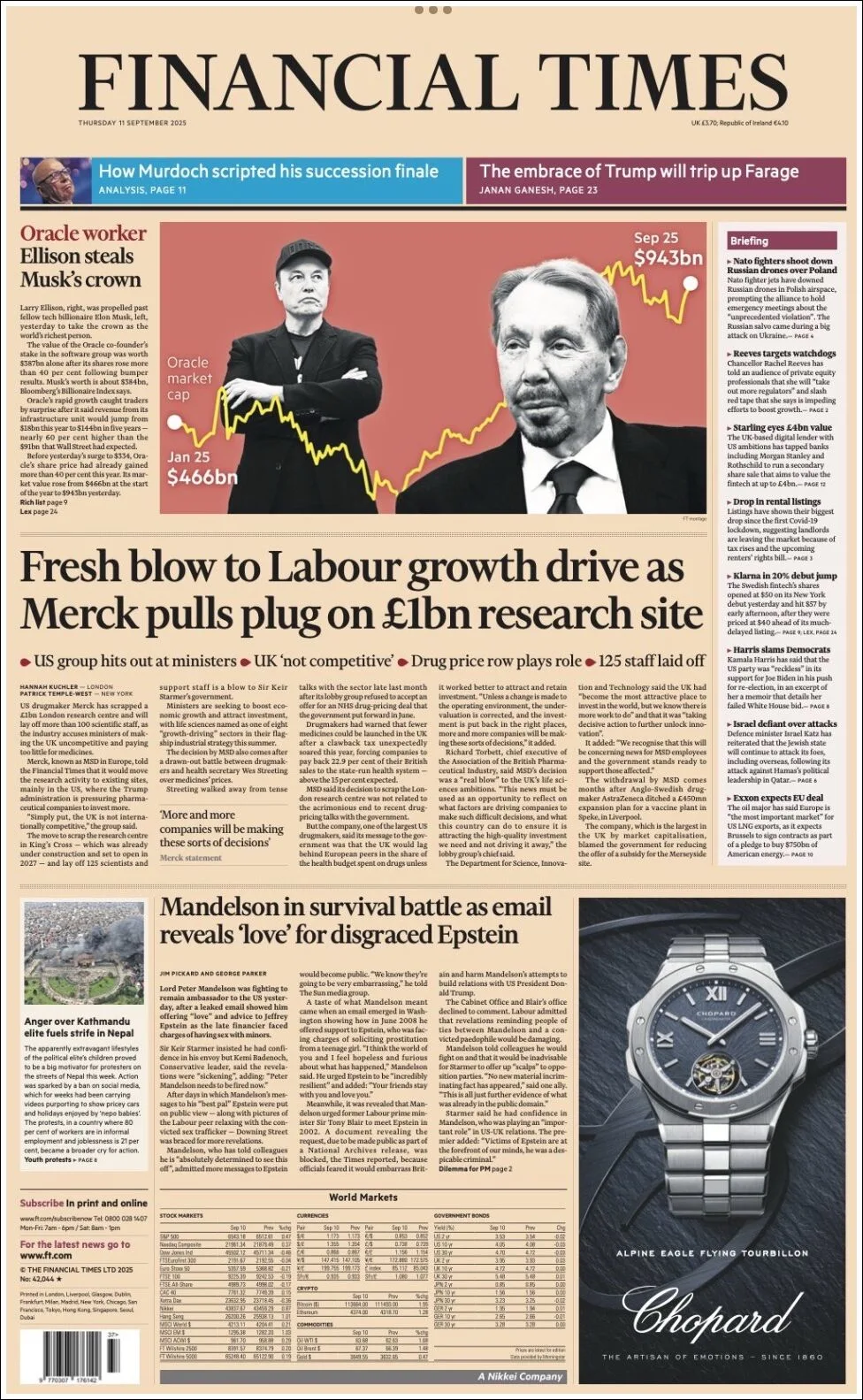 Portada de Financial Times del jueves, 11 de septiembre de 2025