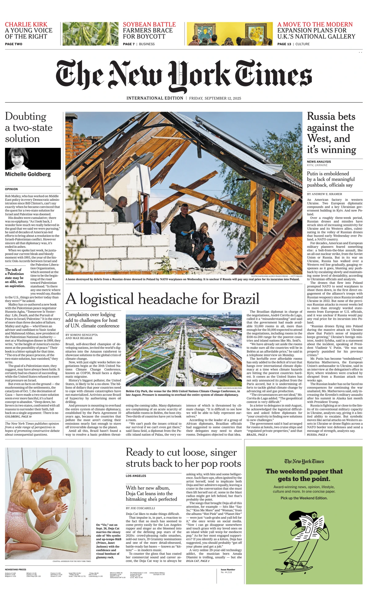 Portada de The New York Times (international) del viernes, 12 de septiembre de 2025