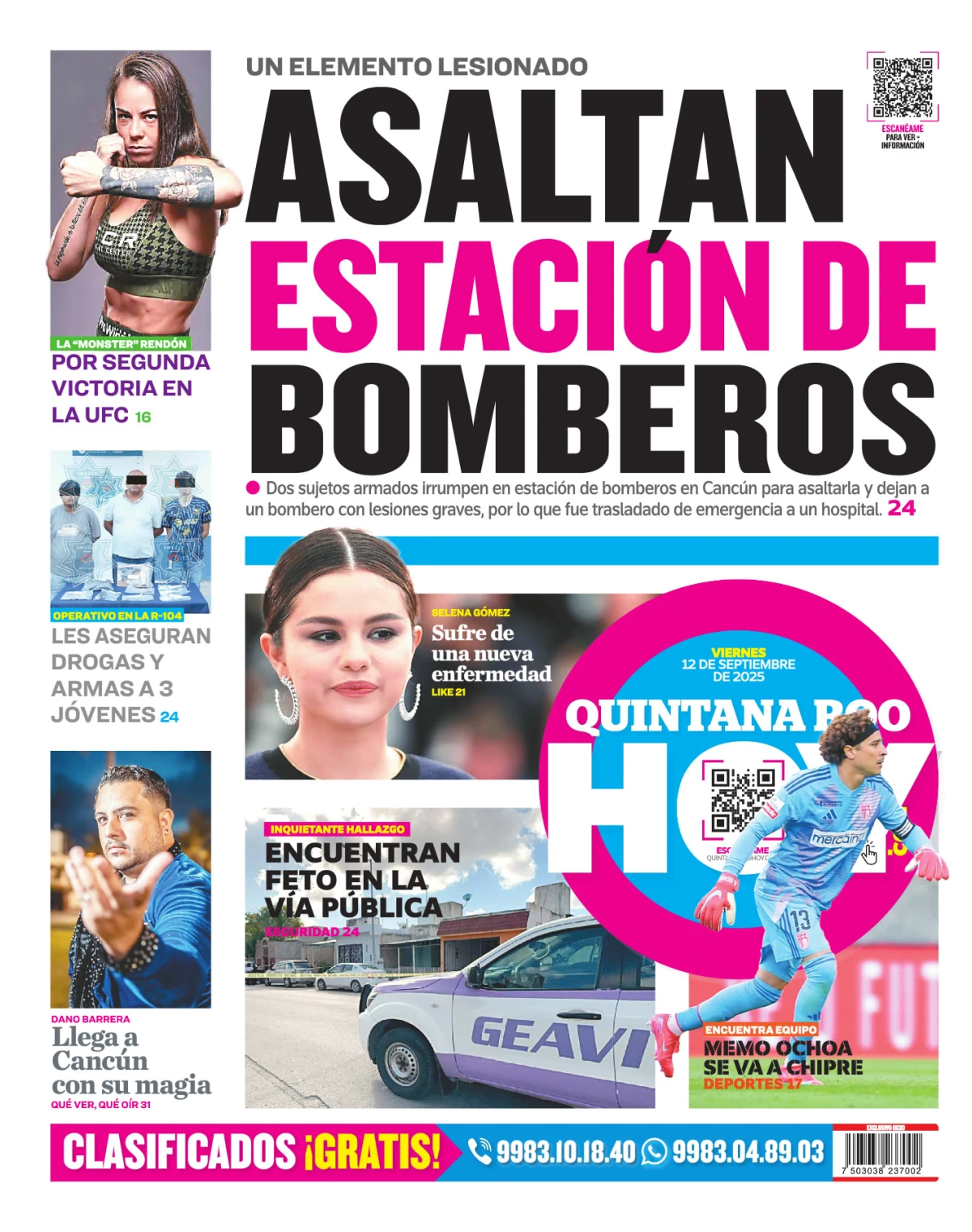 Portada de Quintana Roo Hoy (contraportada) del viernes, 12 de septiembre de 2025