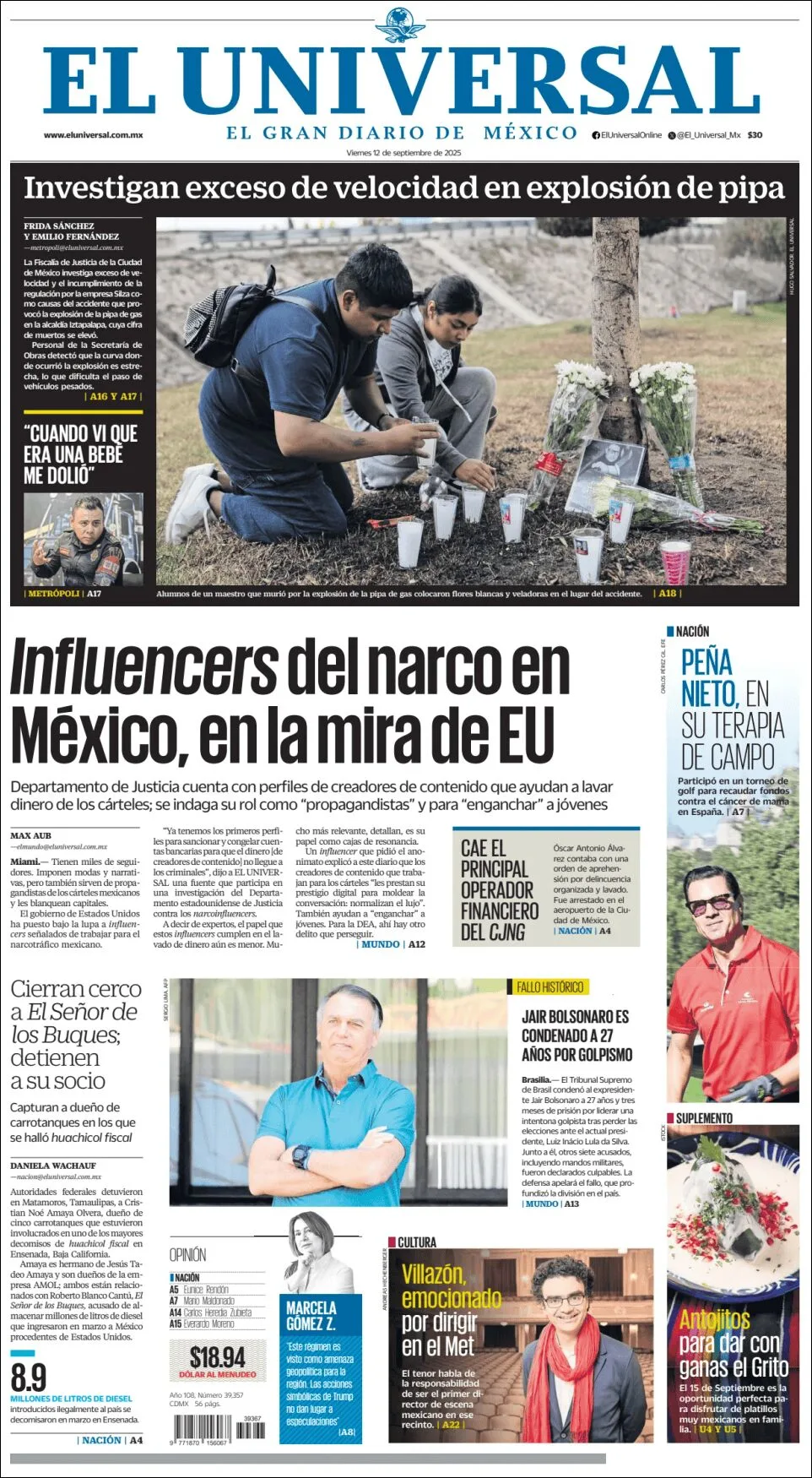 Portada de El Universal del viernes, 12 de septiembre de 2025