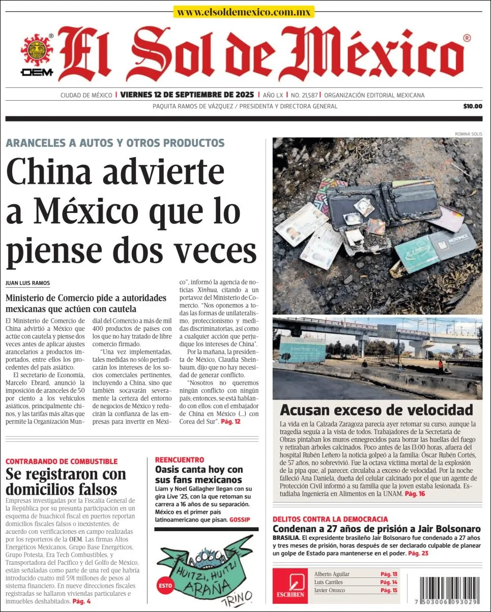 Portada de El Sol de Mexico del viernes, 12 de septiembre de 2025