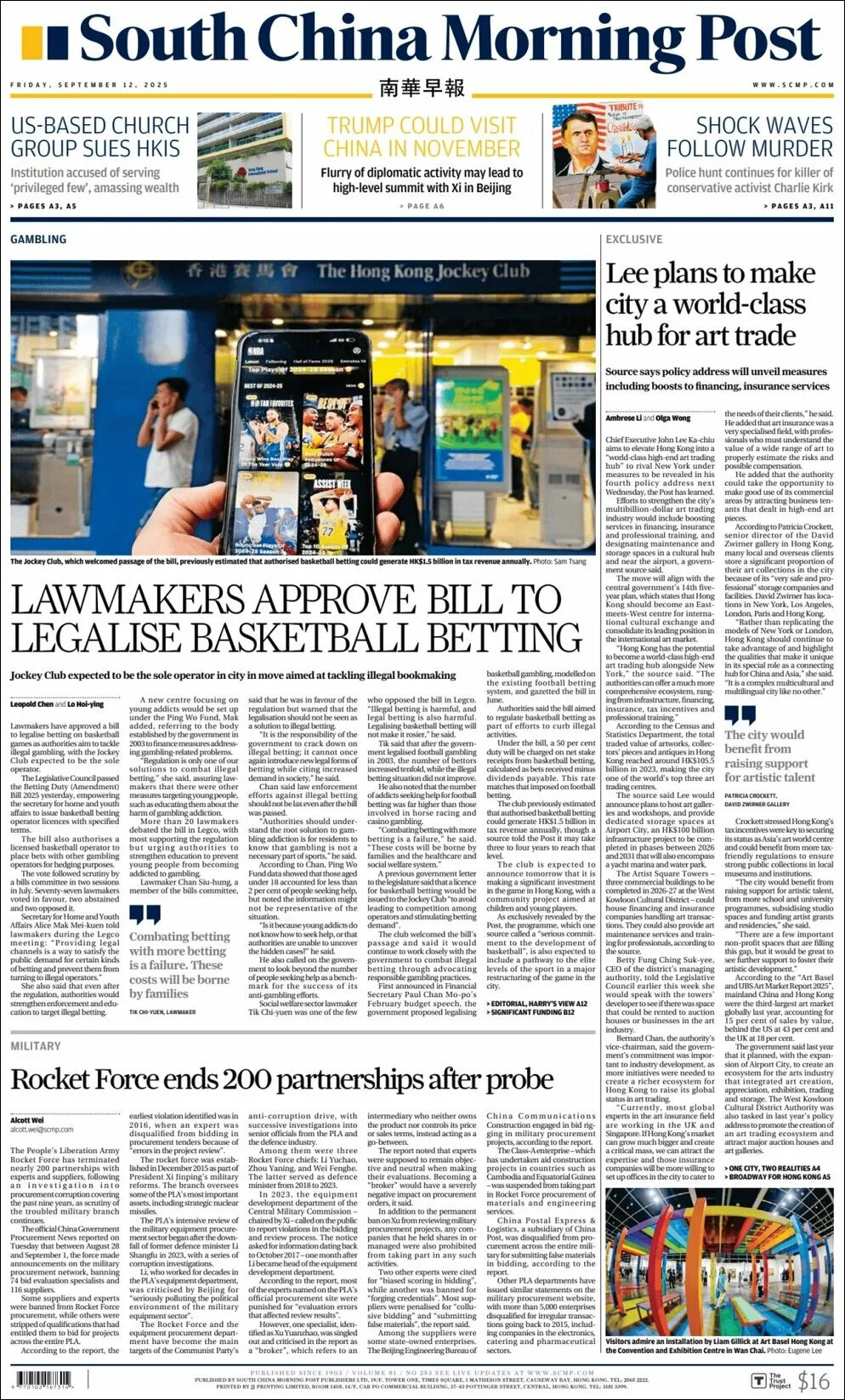Portada de South China Morning Post del viernes, 12 de septiembre de 2025