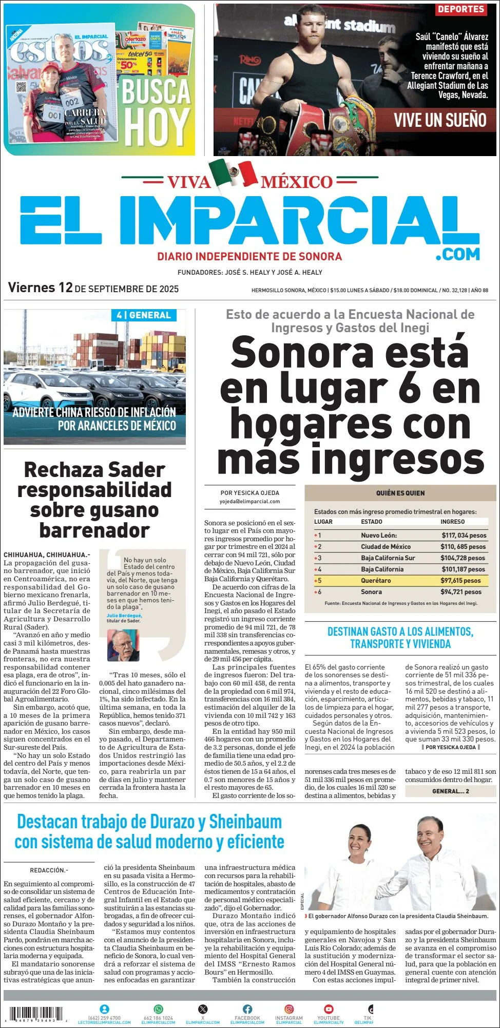 Portada de El Imparcial del viernes, 12 de septiembre de 2025