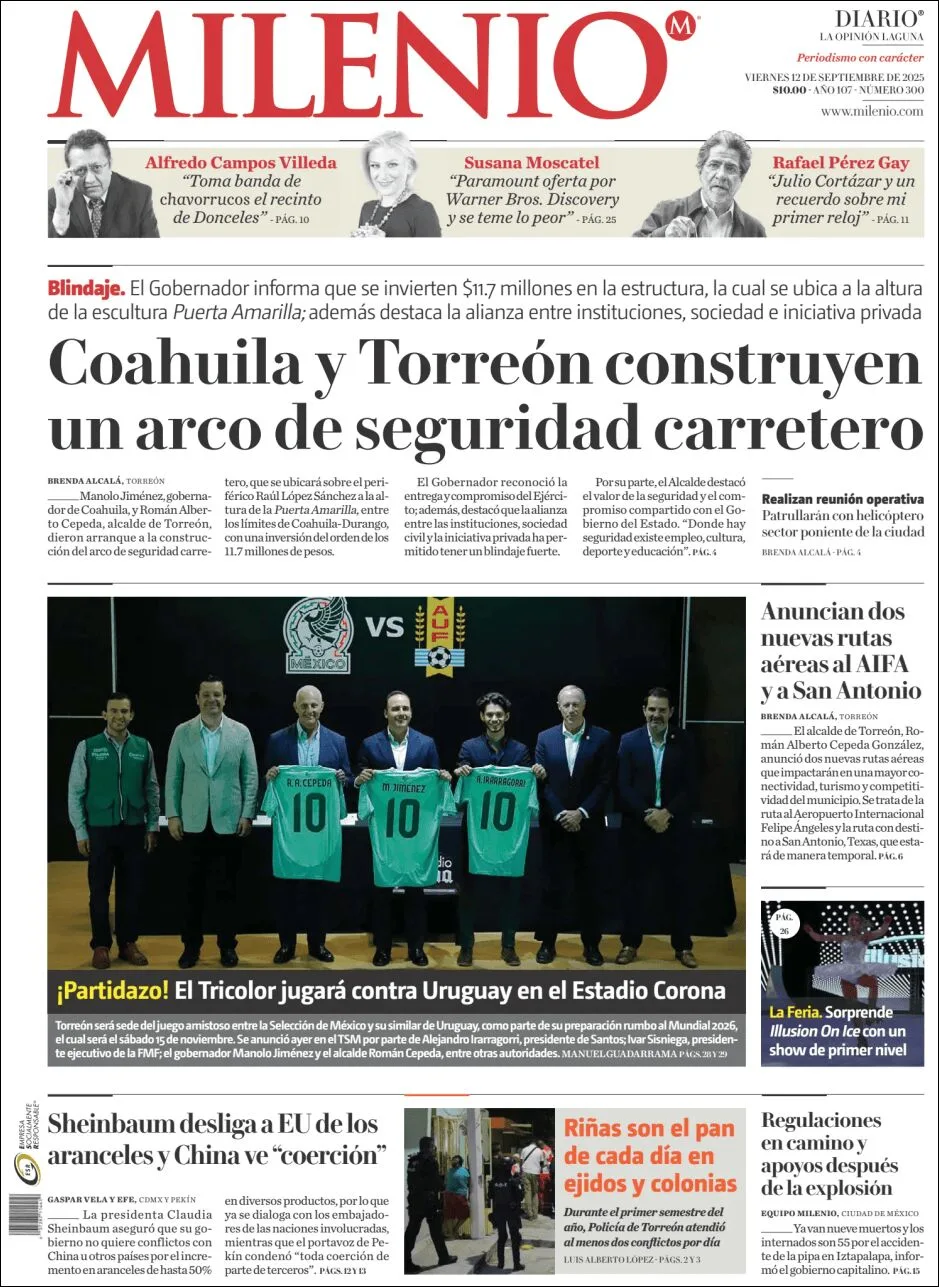 Portada de Milenio Laguna del viernes, 12 de septiembre de 2025