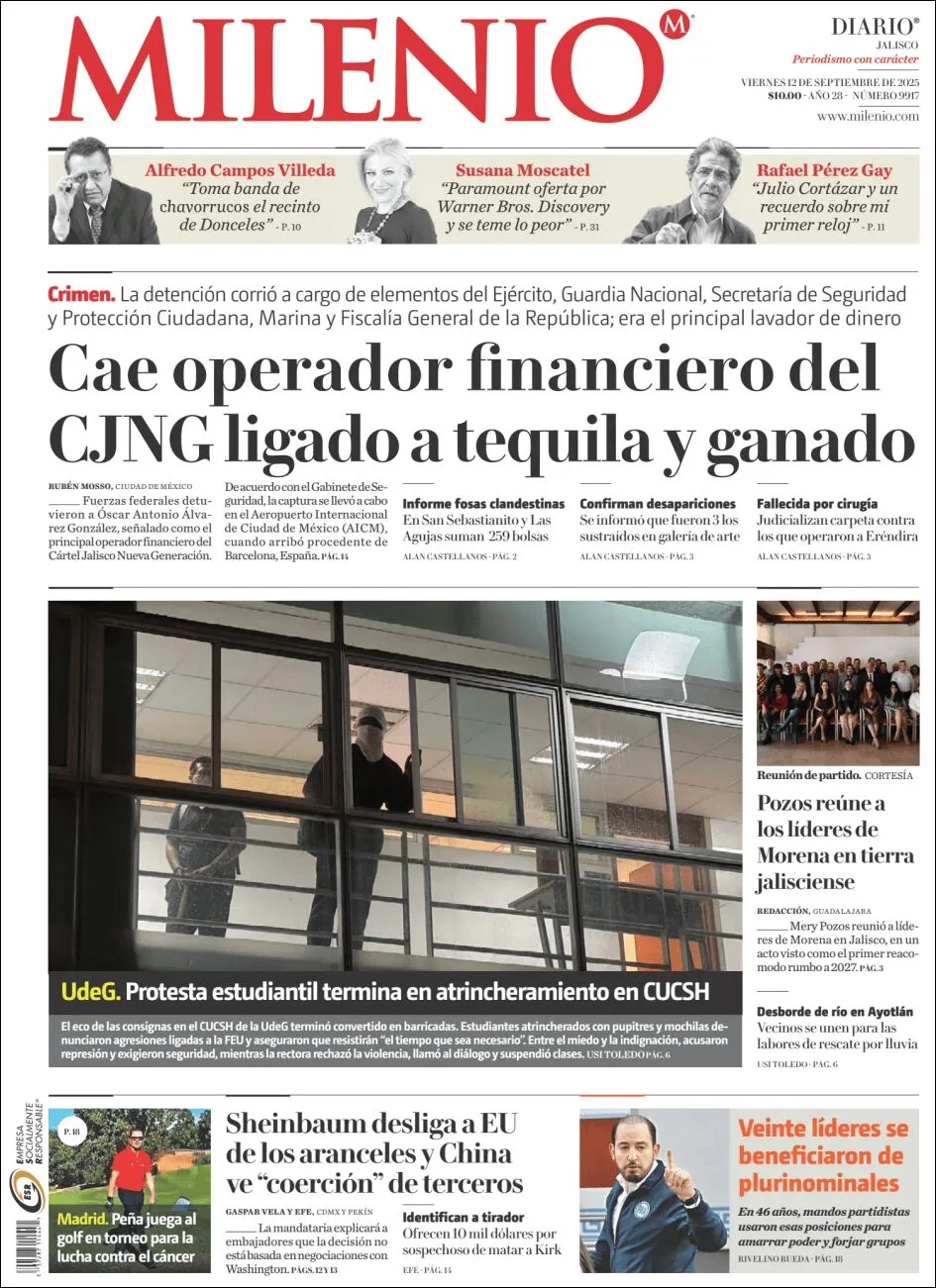 Portada de Milenio Jalisco del viernes, 12 de septiembre de 2025