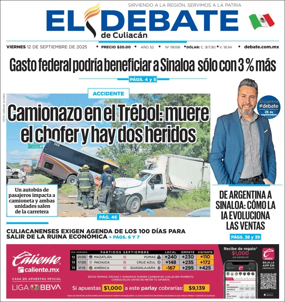 Portada de El Debate de Culiacan del viernes, 12 de septiembre de 2025