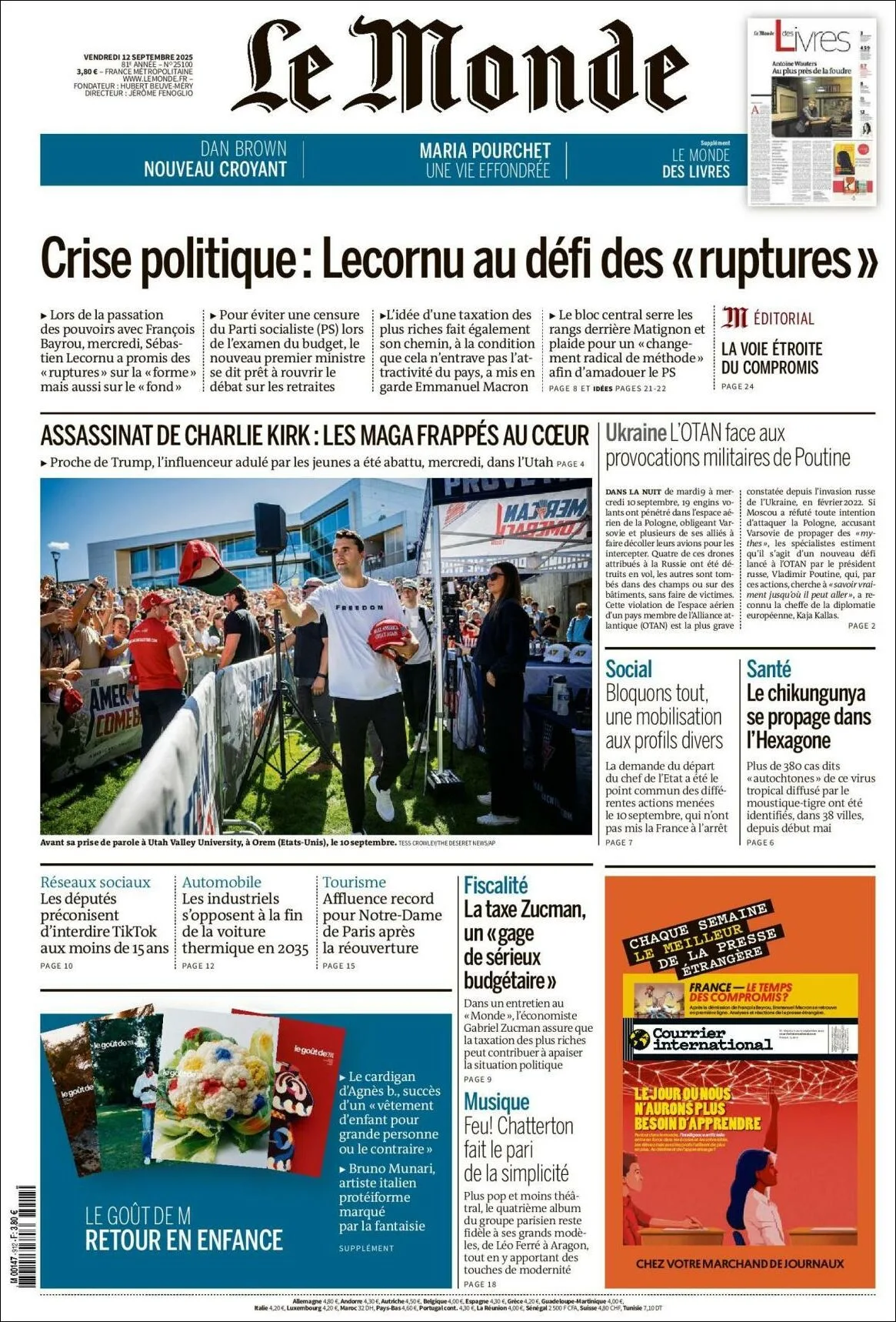 Portada de Le Monde del viernes, 12 de septiembre de 2025