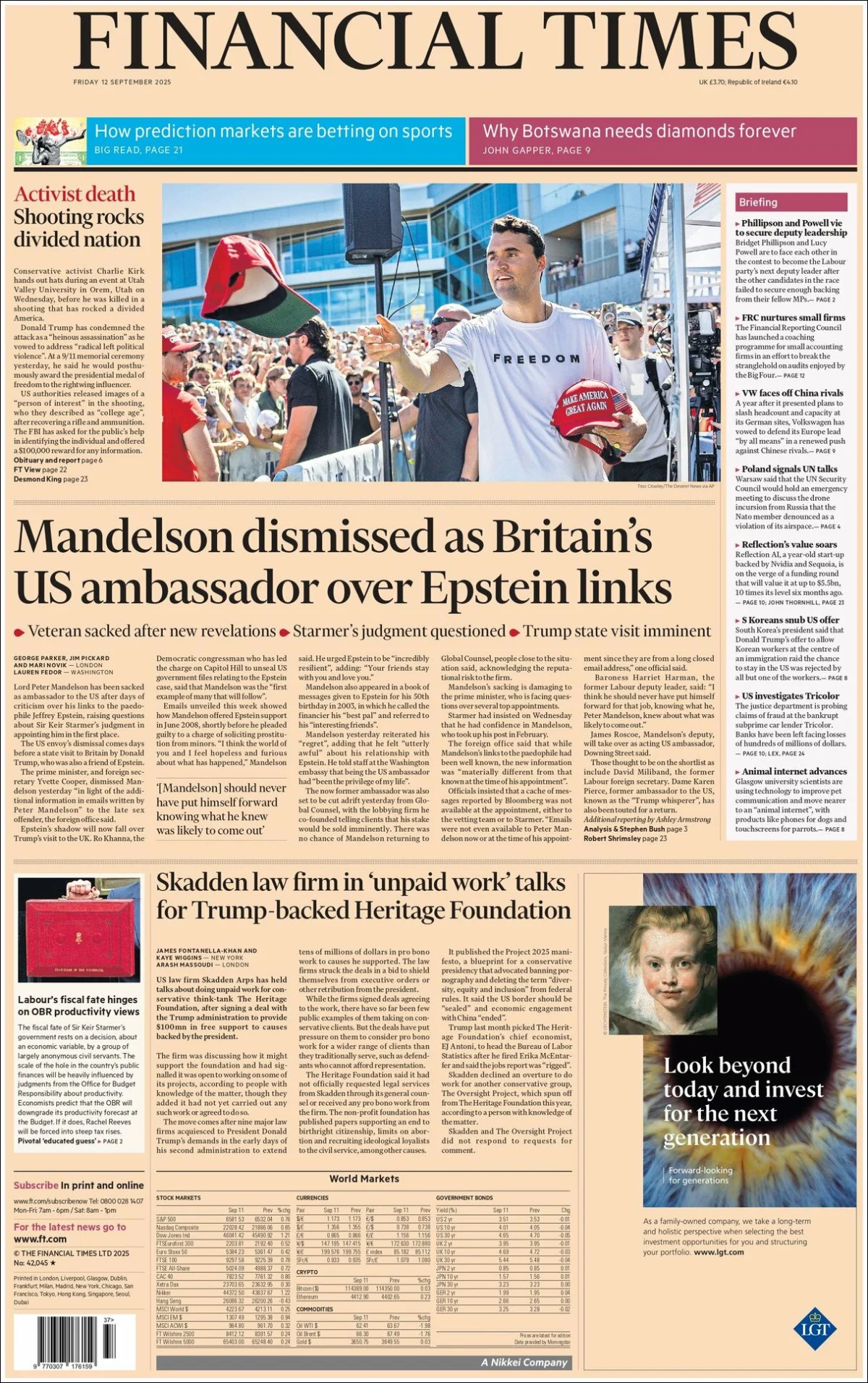 Portada de Financial Times del viernes, 12 de septiembre de 2025