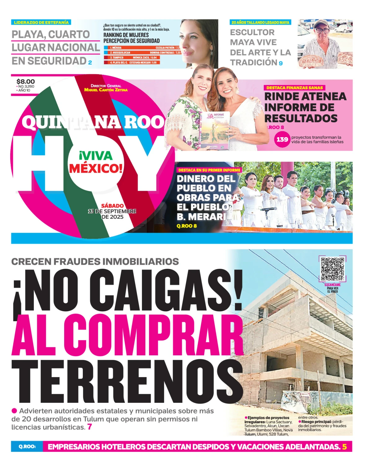 Portada de Quintana Roo Hoy (portada) del sábado, 13 de septiembre de 2025