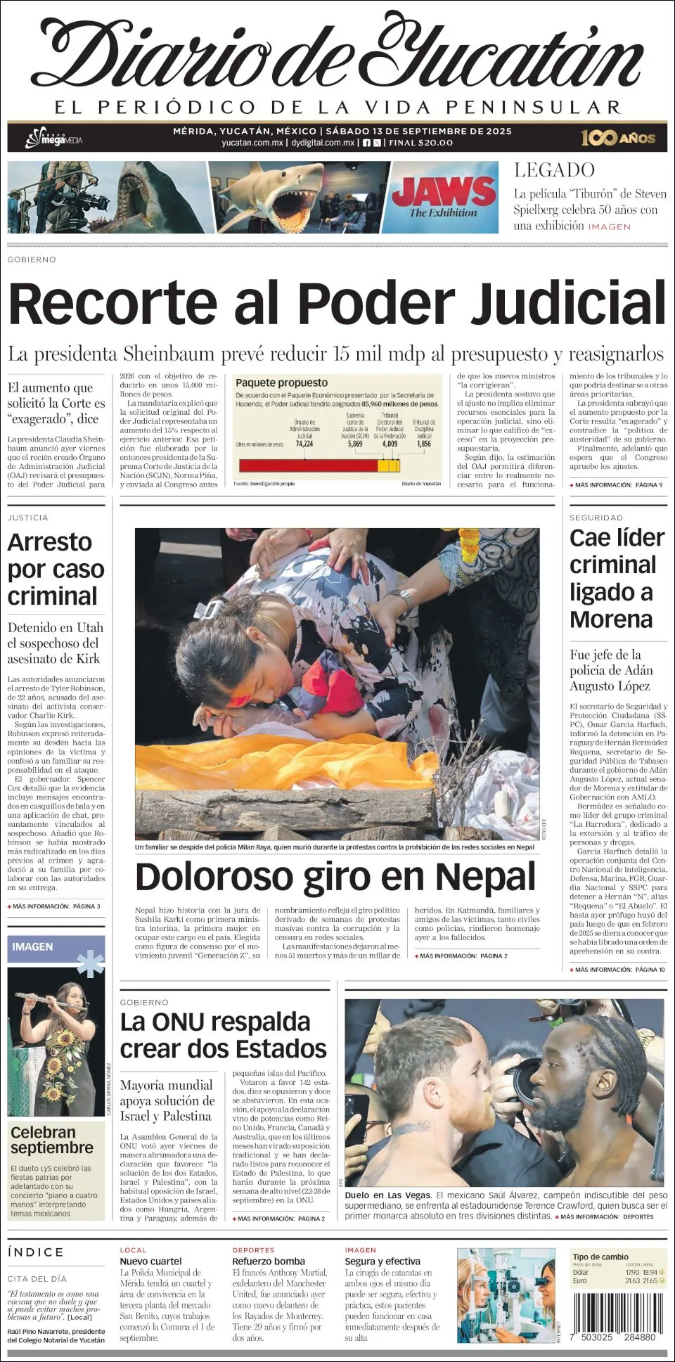Portada de Diario de Yucatán del sábado, 13 de septiembre de 2025