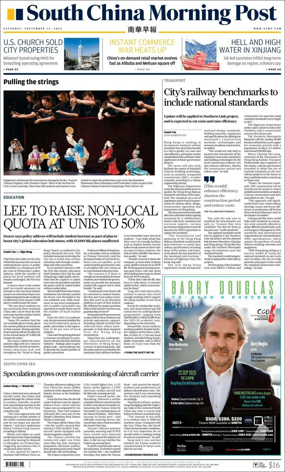 Portada de South China Morning Post del sábado, 13 de septiembre de 2025