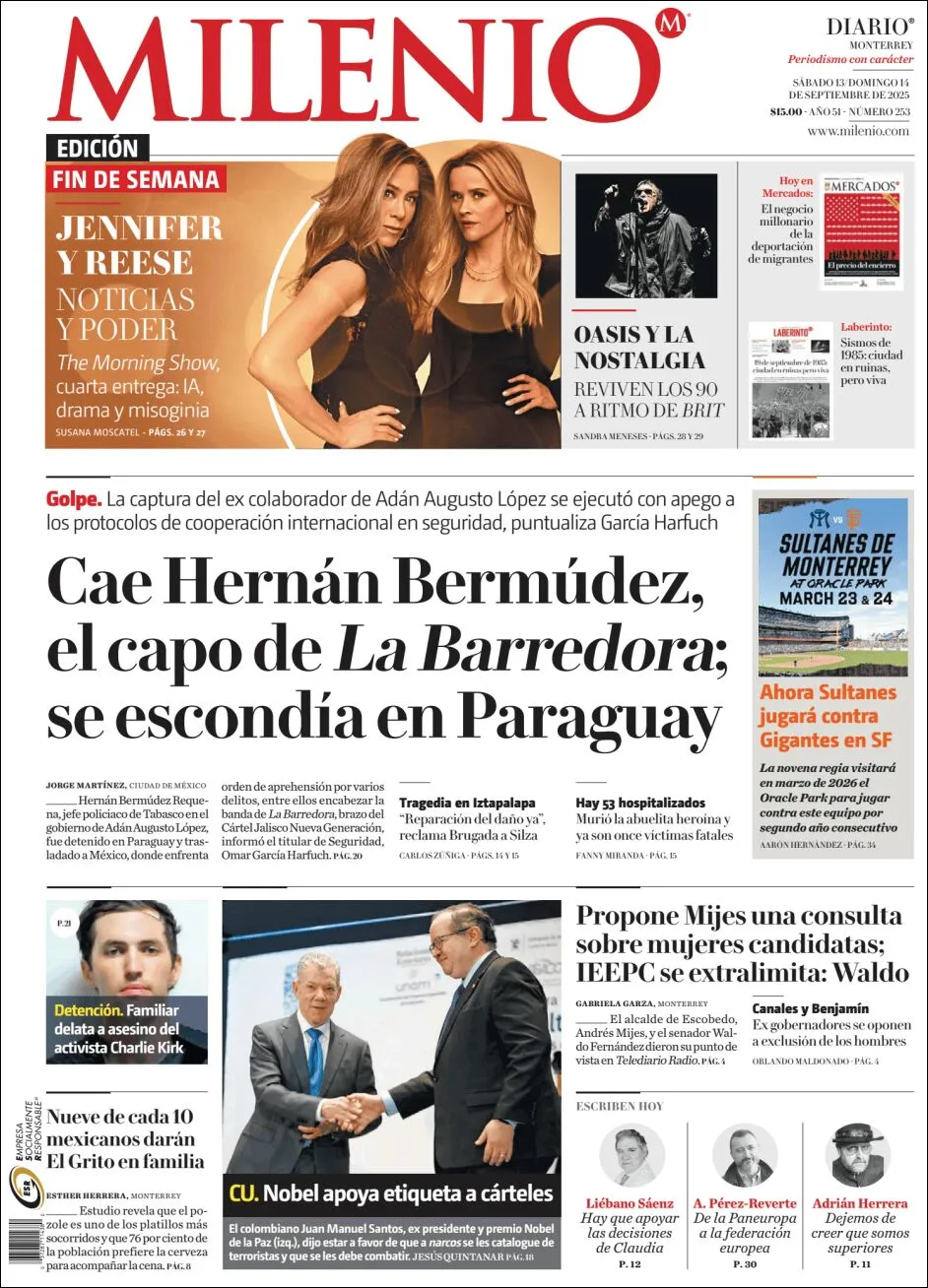 Portada de Milenio del lunes, 15 de septiembre de 2025