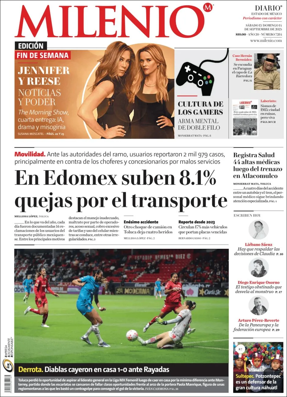 Portada de Milenio Edo de Mexico del lunes, 15 de septiembre de 2025
