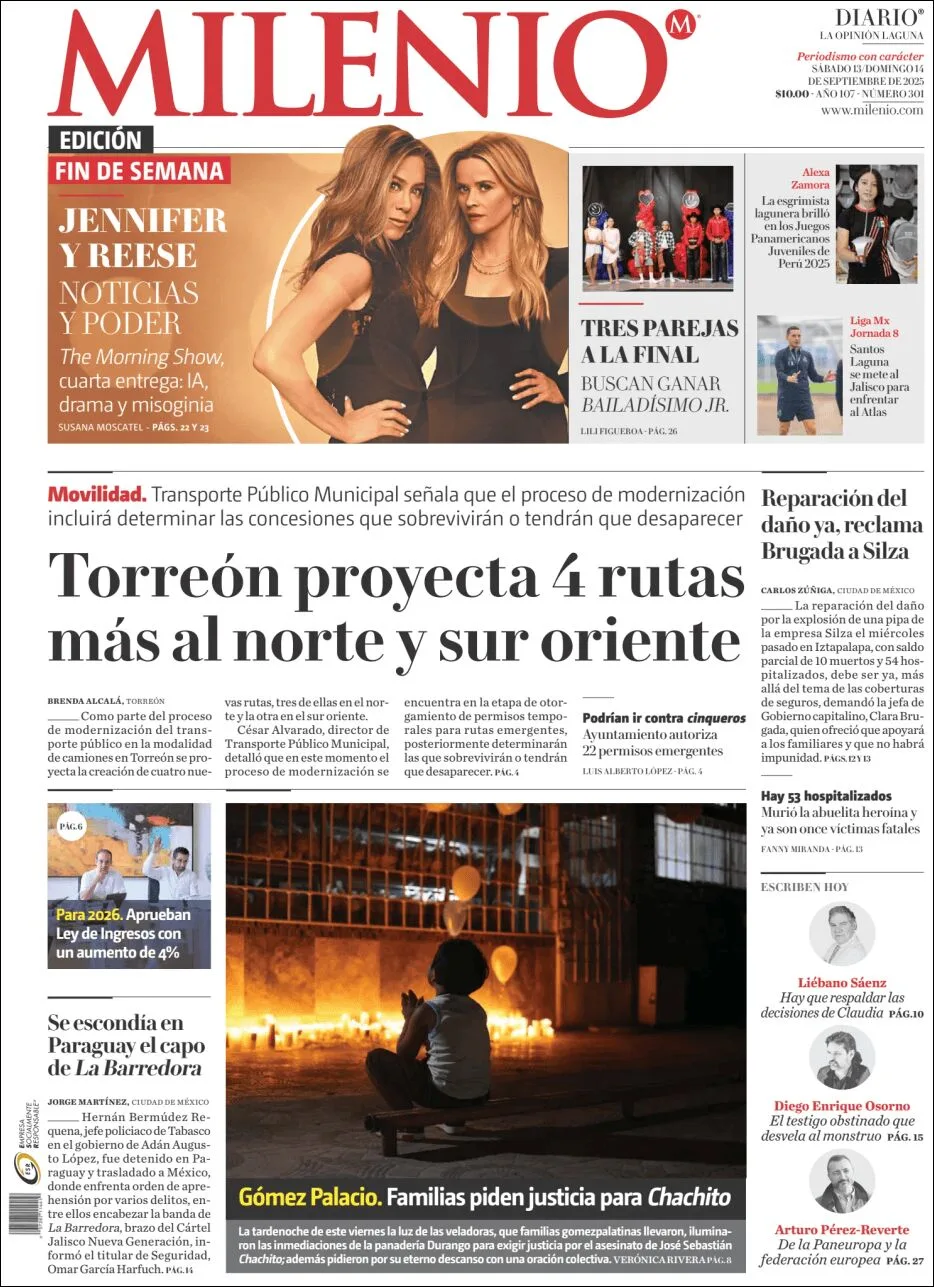 Portada de Milenio Laguna del lunes, 15 de septiembre de 2025