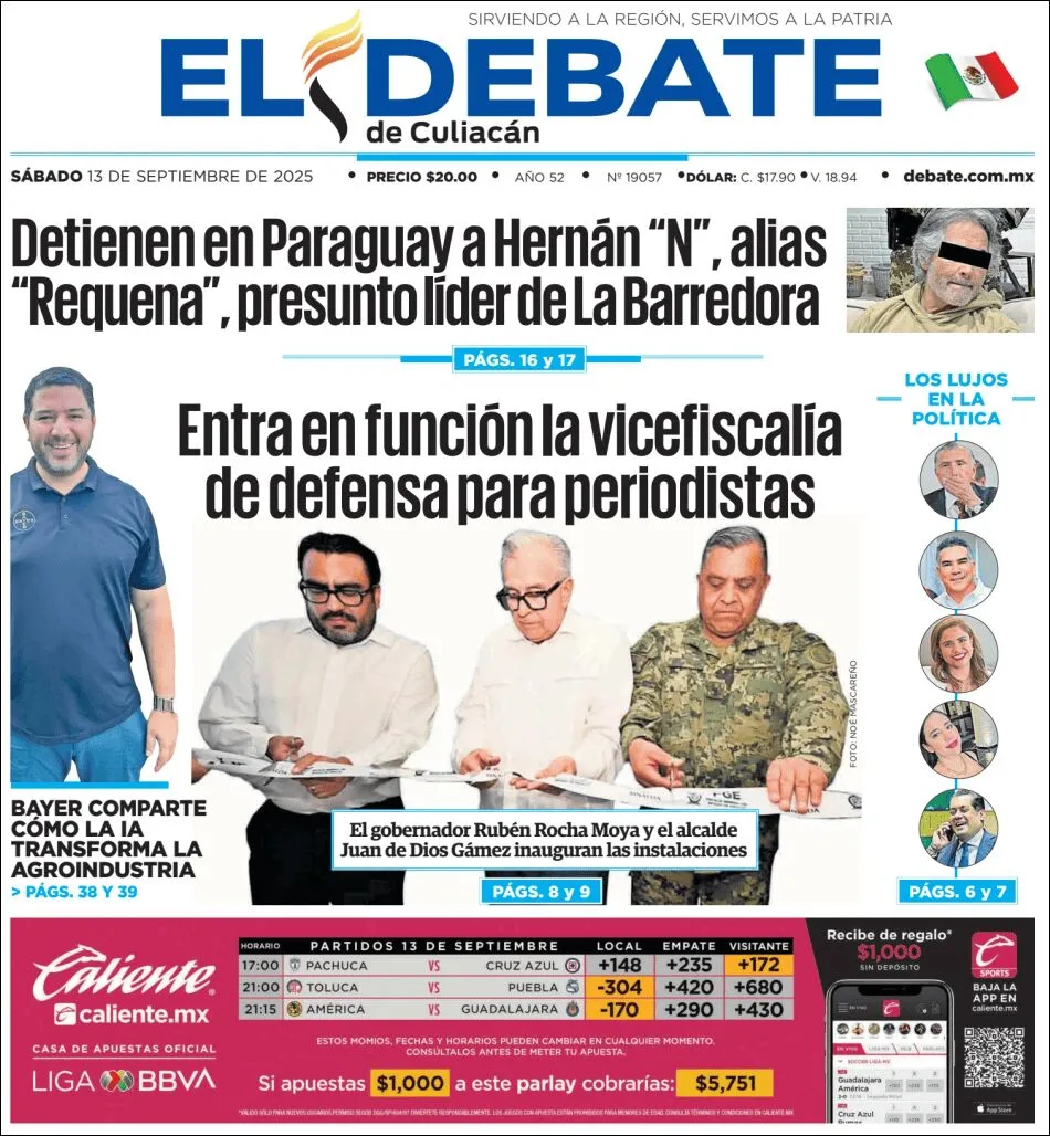 Portada de El Debate de Culiacan del sábado, 13 de septiembre de 2025