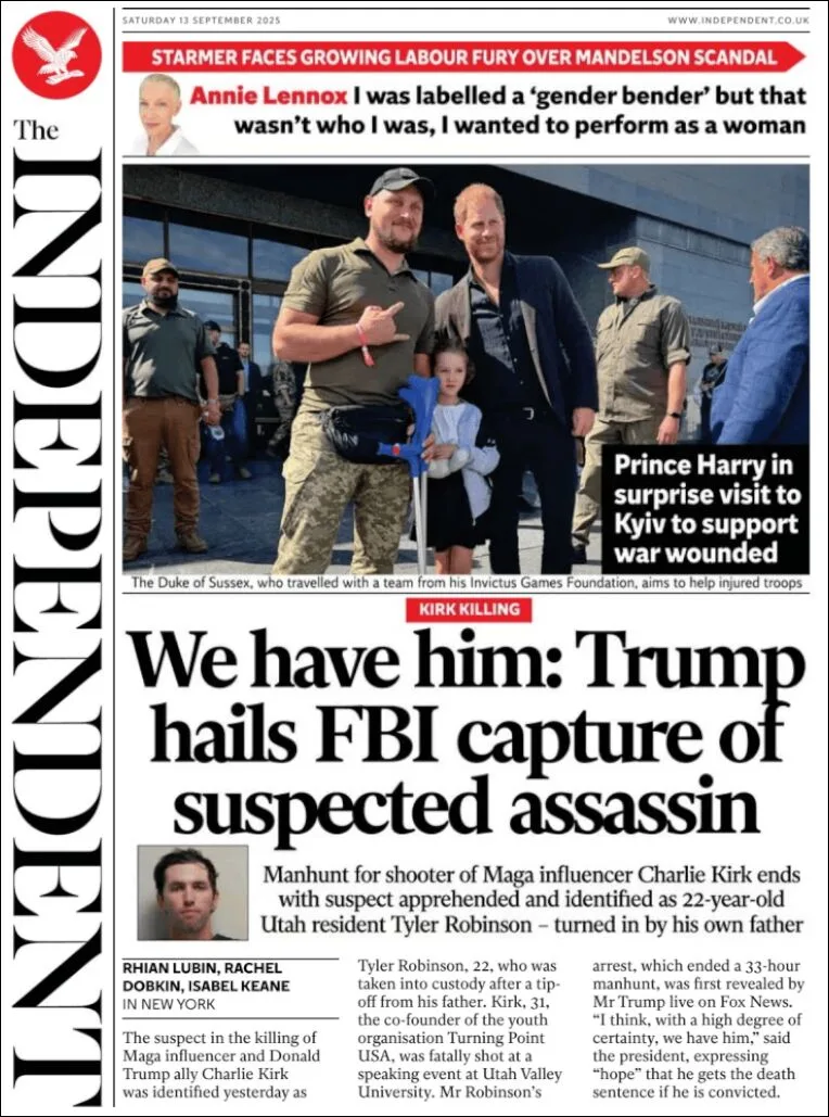 Portada de The Independent del sábado, 13 de septiembre de 2025
