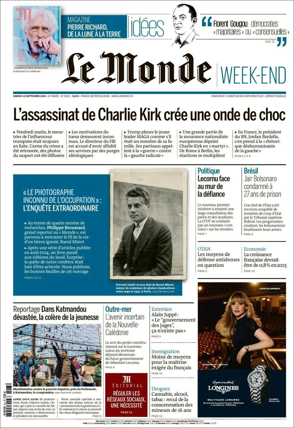 Portada de Le Monde del sábado, 13 de septiembre de 2025