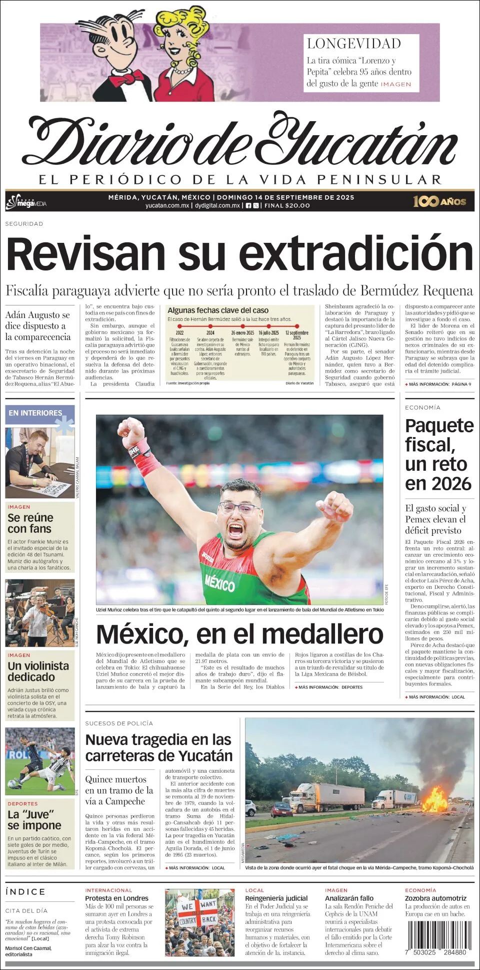 Portada de Diario de Yucatán del domingo, 14 de septiembre de 2025