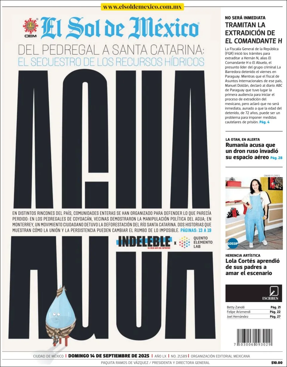 Portada de El Sol de Mexico del domingo, 14 de septiembre de 2025