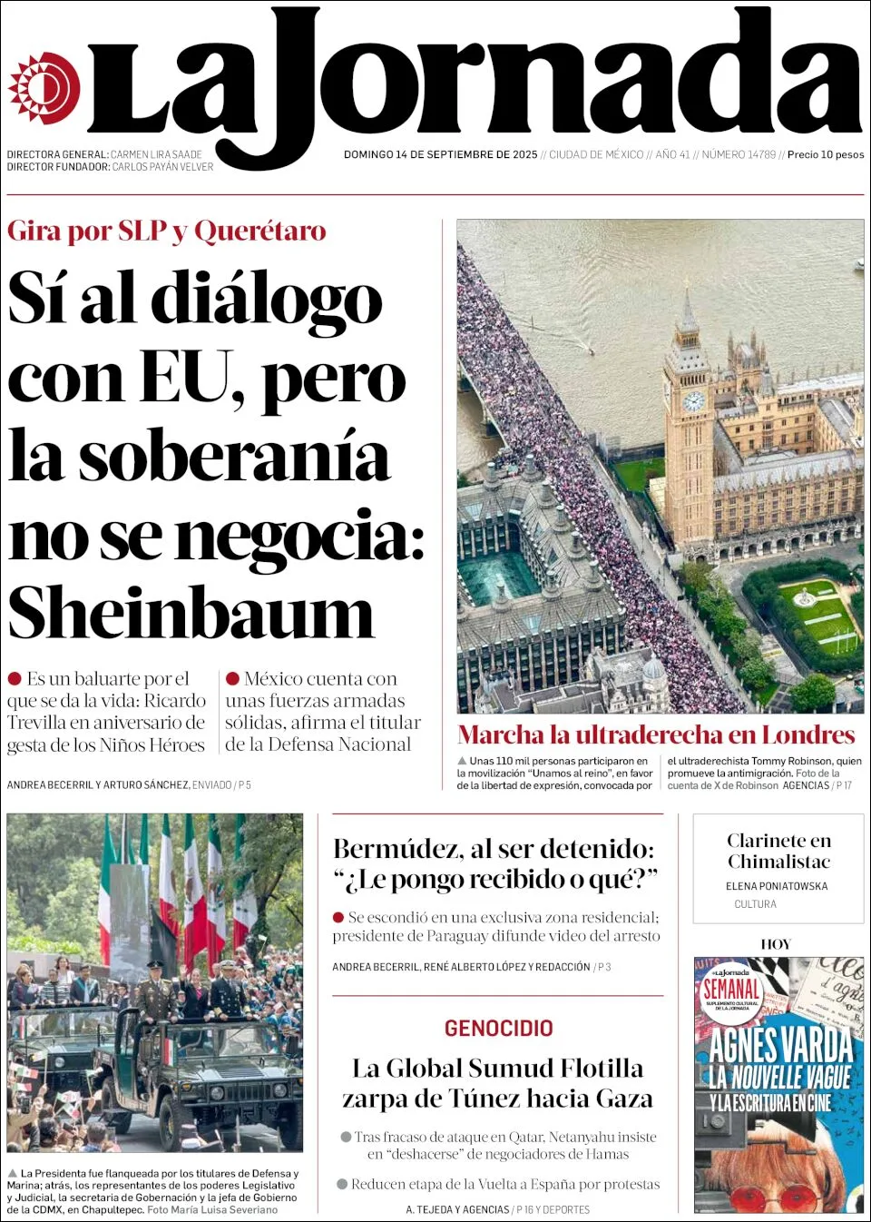 Portada de La Jornada del domingo, 14 de septiembre de 2025