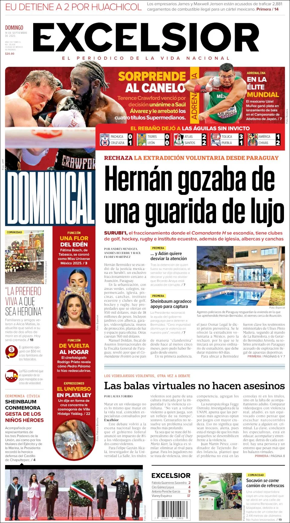 Portada de Excelsior del domingo, 14 de septiembre de 2025