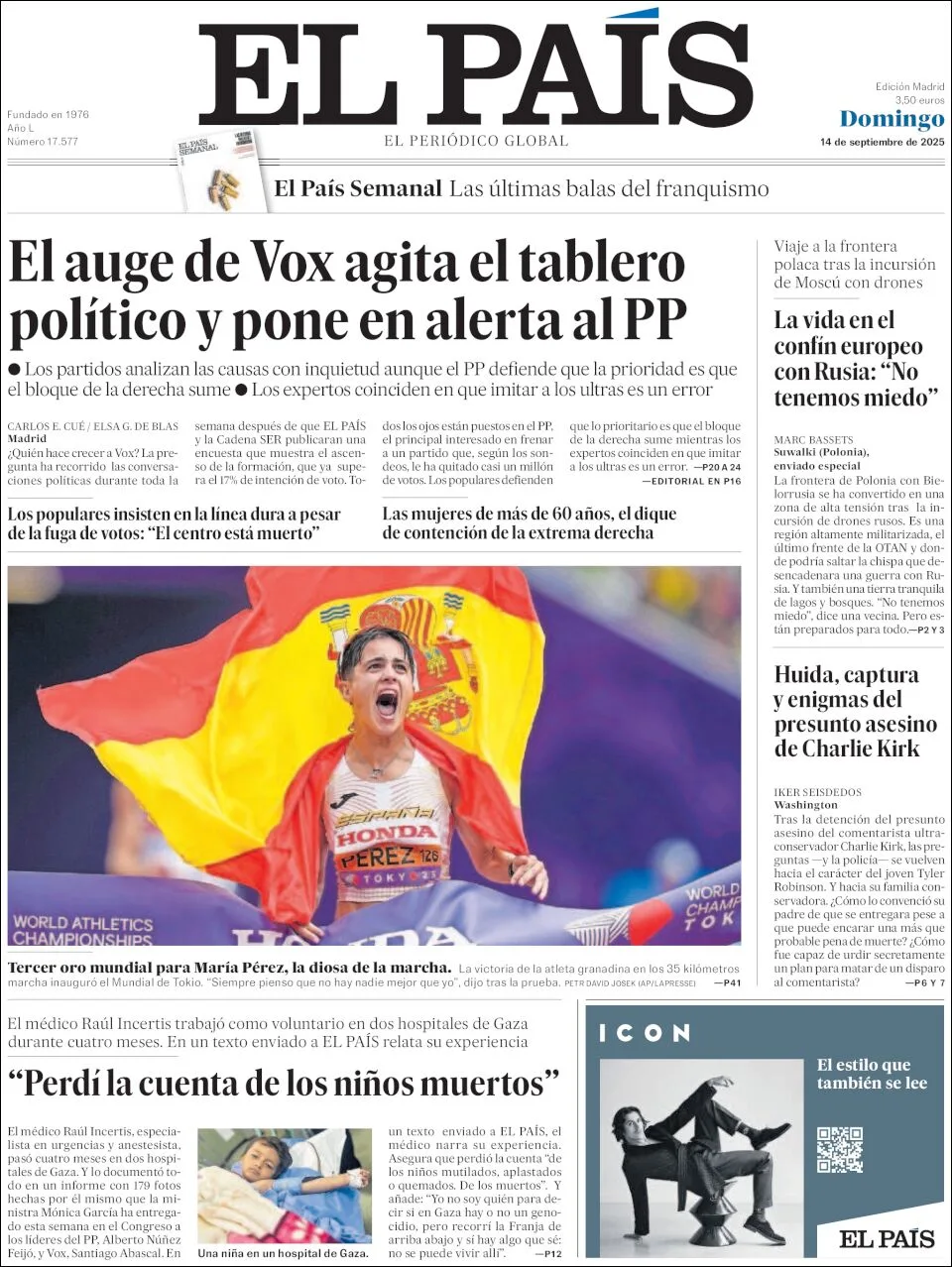 Portada de El Pais del domingo, 14 de septiembre de 2025