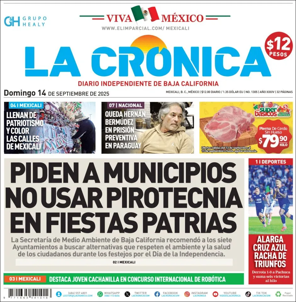 Portada de La Cronica del domingo, 14 de septiembre de 2025