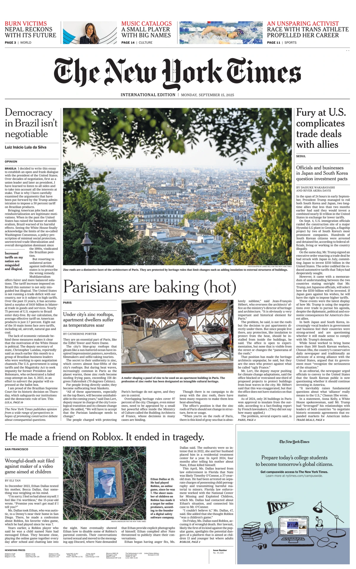Portada de The New York Times (international) del lunes, 15 de septiembre de 2025