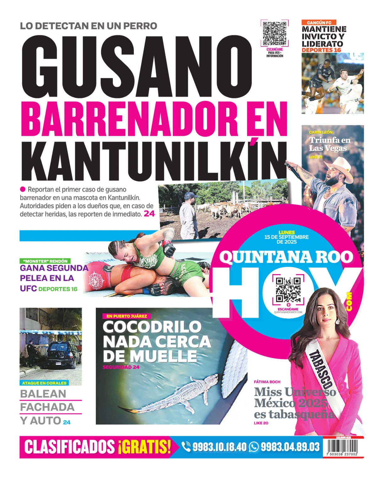 Portada de Quintana Roo Hoy (contraportada) del lunes, 15 de septiembre de 2025