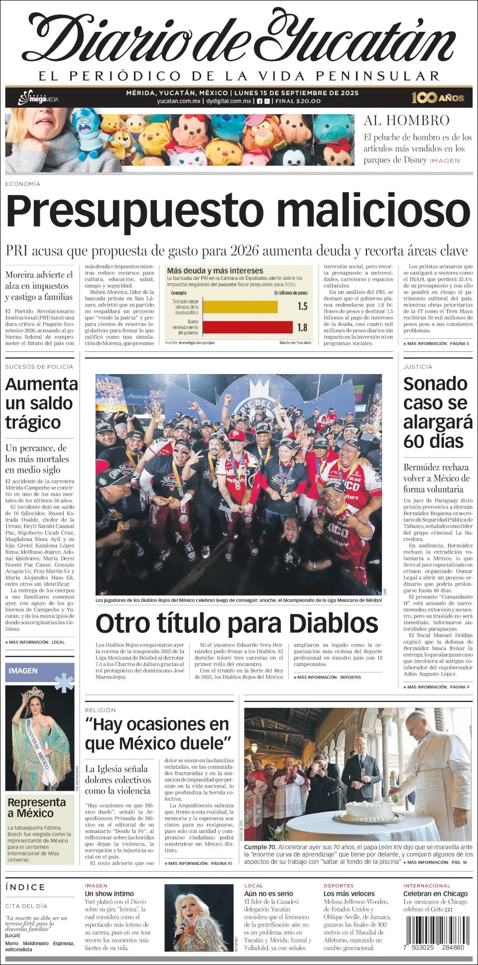Portada de Diario de Yucatán del lunes, 15 de septiembre de 2025