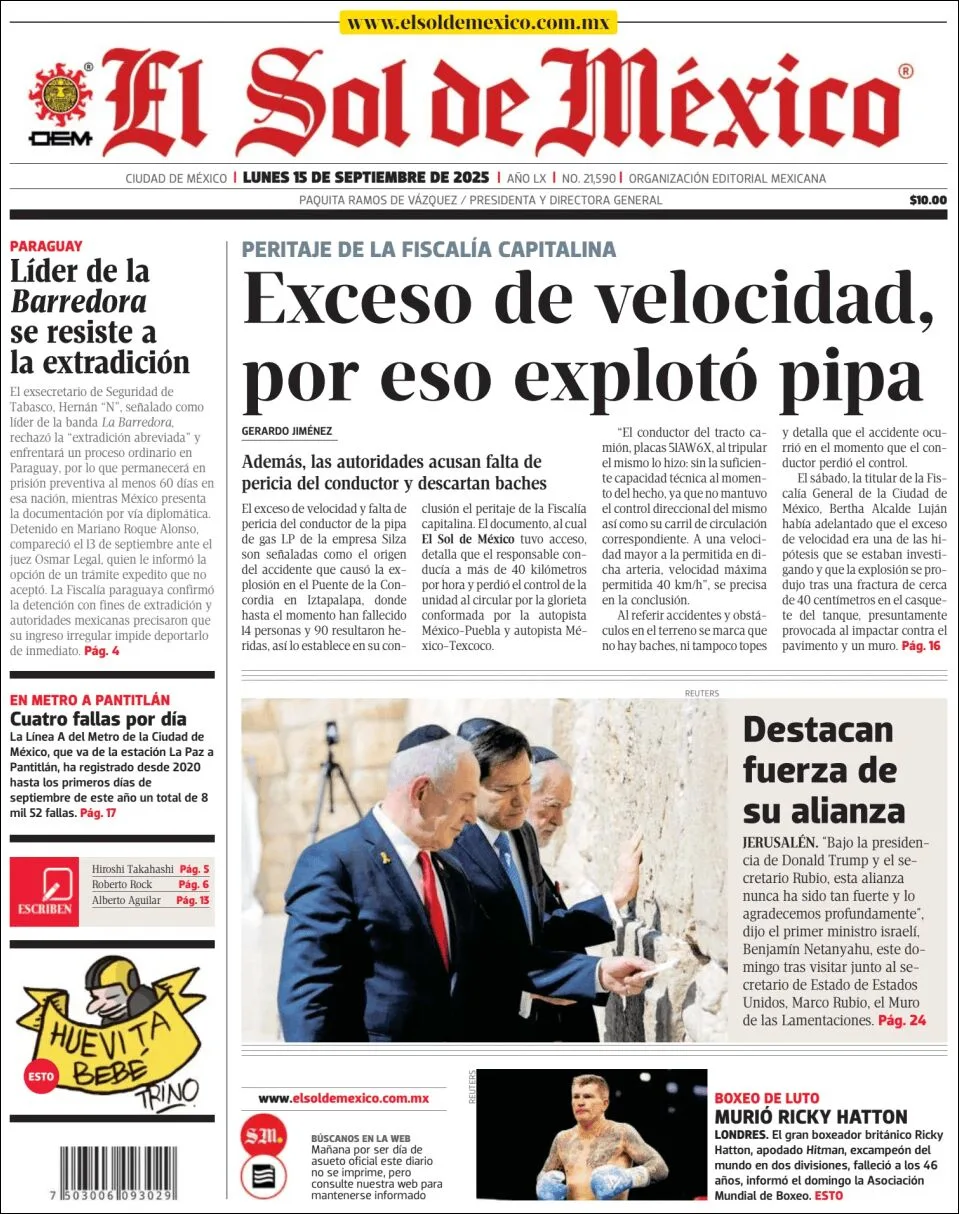Portada de El Sol de Mexico del lunes, 15 de septiembre de 2025