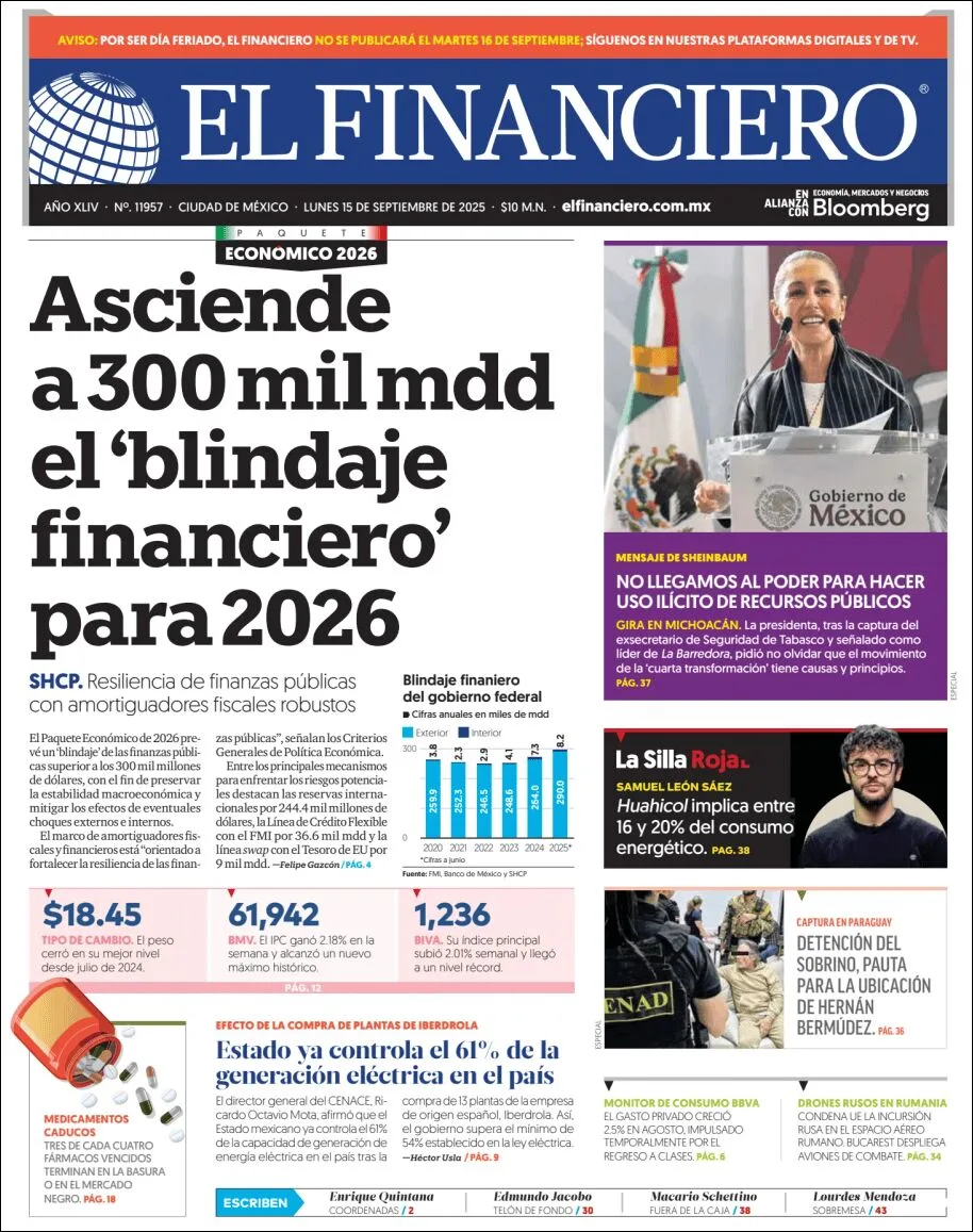 Portada de El Financiero del lunes, 15 de septiembre de 2025