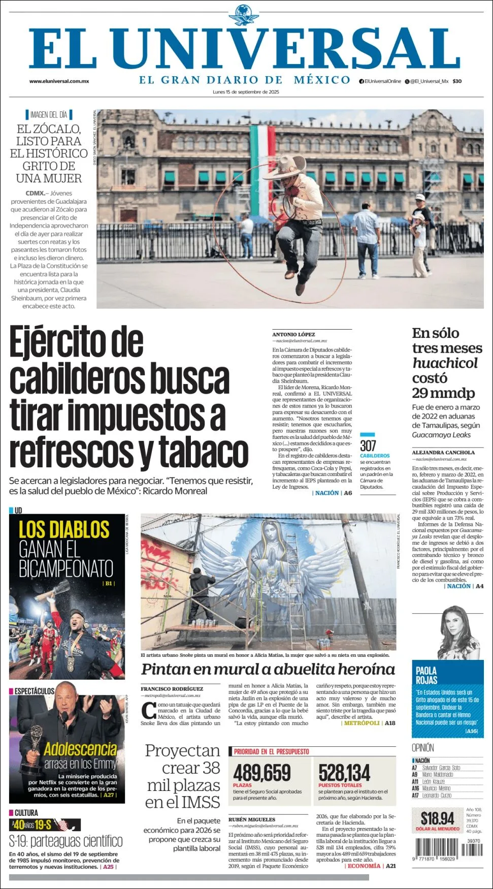 Portada de El Universal del lunes, 15 de septiembre de 2025