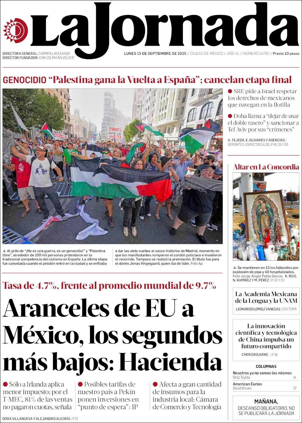 Portada de La Jornada del lunes, 15 de septiembre de 2025