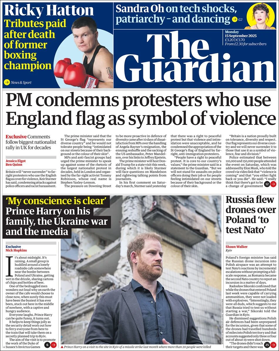 Portada de The Guardian (reino Unido) del lunes, 15 de septiembre de 2025