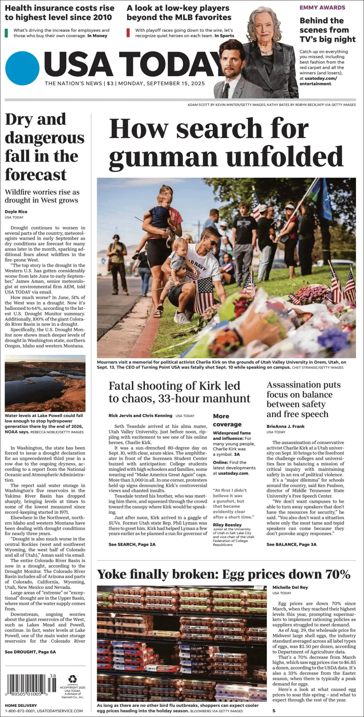 Portada de Usa Today del lunes, 15 de septiembre de 2025
