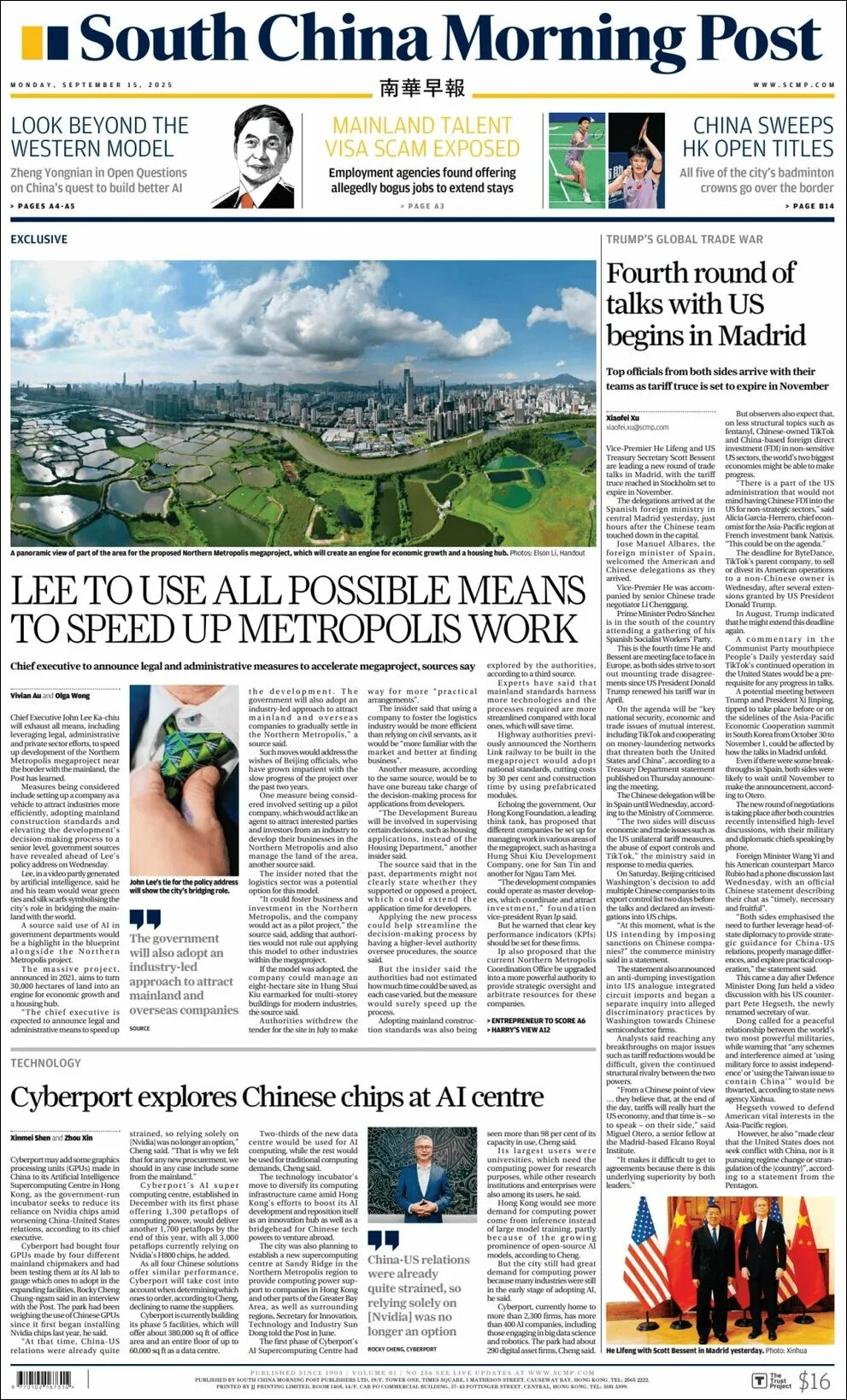Portada de South China Morning Post del lunes, 15 de septiembre de 2025
