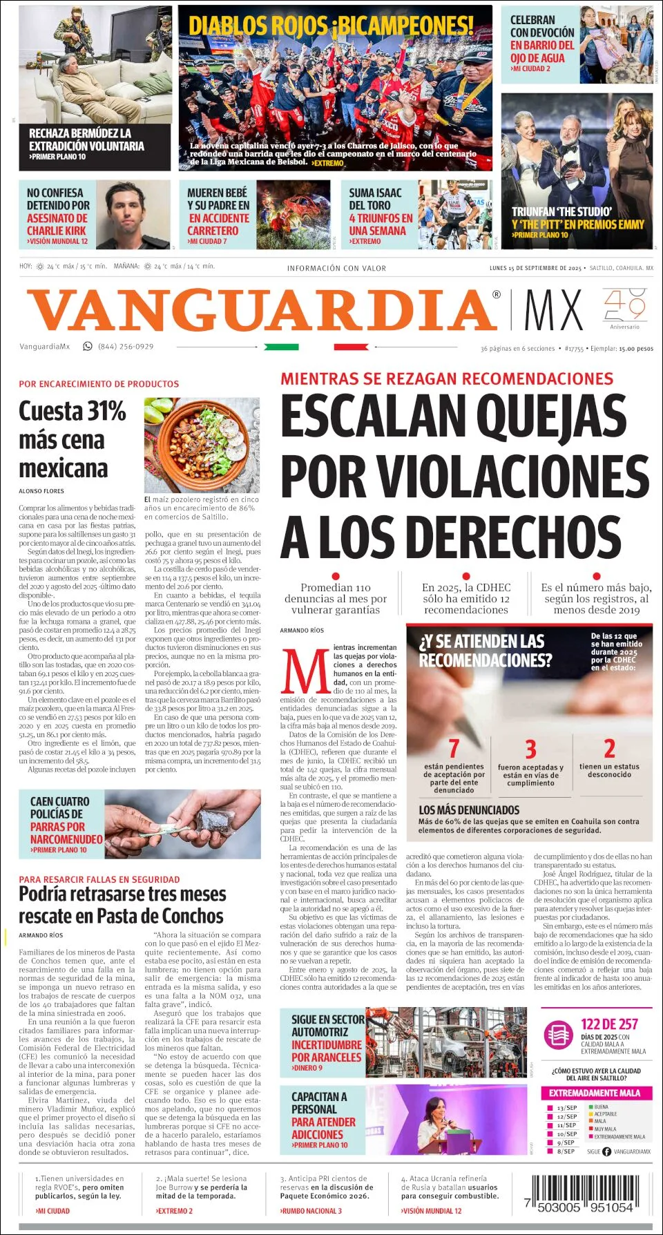 Portada de Vanguardia del lunes, 15 de septiembre de 2025