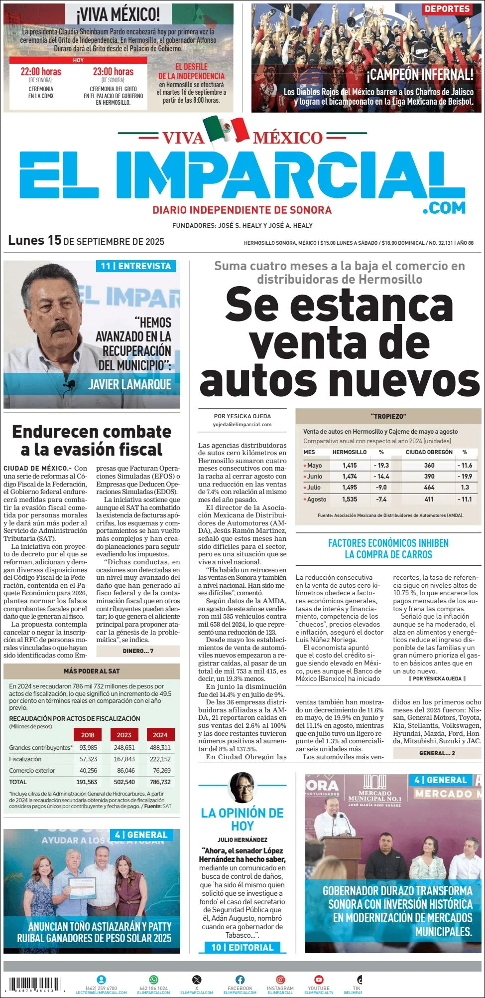Portada de El Imparcial del lunes, 15 de septiembre de 2025