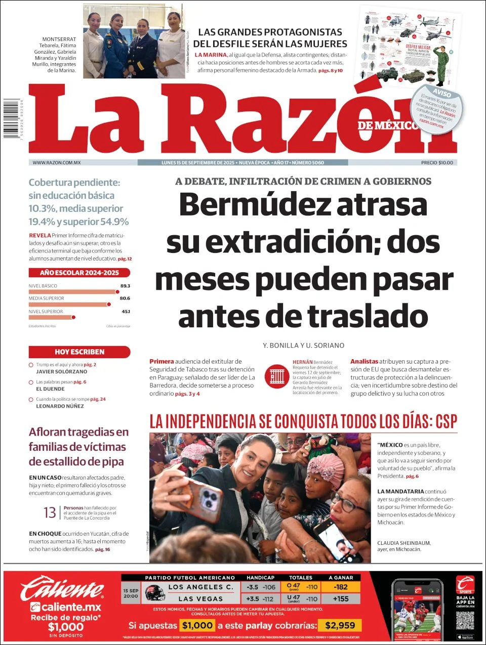 Portada de La Razon del lunes, 15 de septiembre de 2025